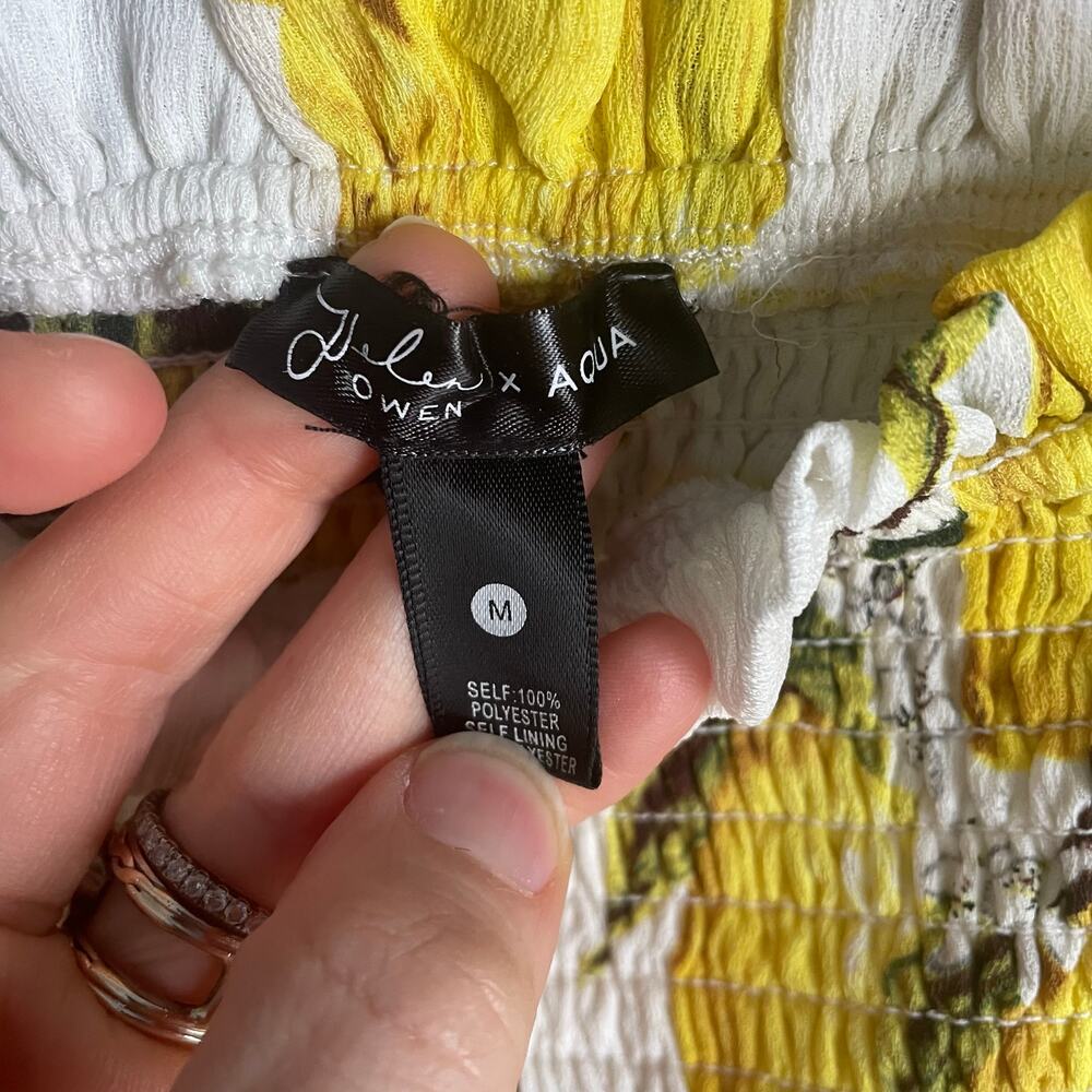 Aqua White Yellow Peplum Tank Top Smocked Lemons Novelty Prep Summer Vacation M - Picture 3 of 6